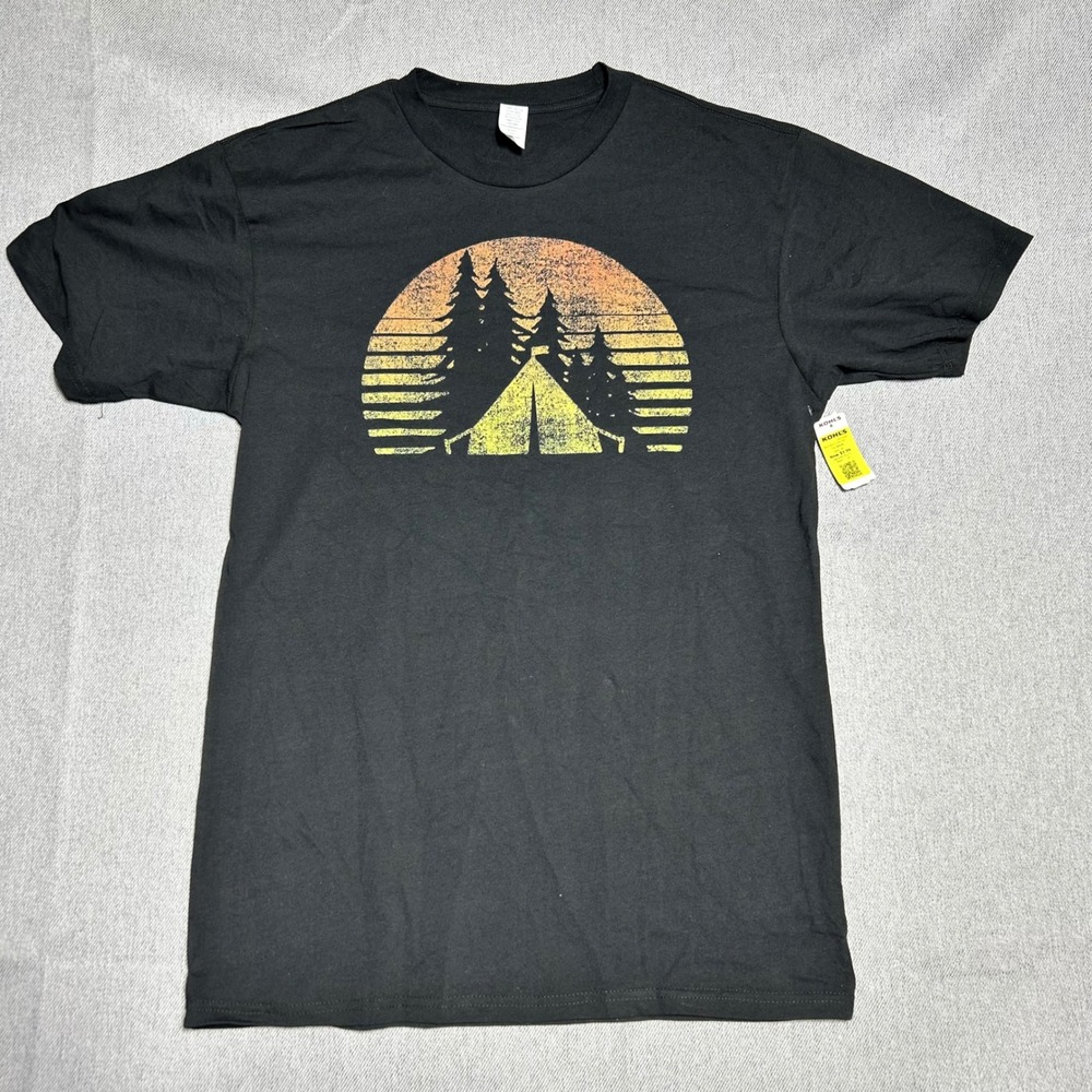 Mad Engine T-Shirt Mens LT Black Camping Tent Sunset Graphic Tee Gorpcore